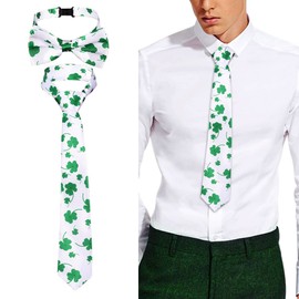 Eyret Shamrock Necktie Set St Patricks Day Neck Ties and Bowtie Adjustable Party Irish Pre-tied Clover Bowties for Men(A-White)