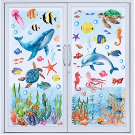 DECOWALL CDS9-9004 Under The Sea Window Stickers Ocean Fish Window Clings Turtle Jellyfish Reuseble Waterproof for Kids Nursery Living Room Window Home Bathroom décor - Double Sided Print