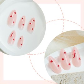 Valentine's Day Press on Nails Nude Almond Fake Nails Medium Short False Nails with Red Heart Designs Glossy Acrylic Nails Cute French Tip Glue on Nails DIY Art for Women Girls 24Pcs