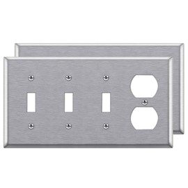 [2 Pack] BESTTEN 4-Gang Combo Metal Wall Plate with Ｗhite or Clear Plastic Film, 1-Duplex/3-Toggle, Standard Size, Anti-Corrosion Stainless Steel Outlet and Switch Cover, Brushed Finish