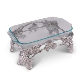 Arthur Court Metal Pyrex Glass Casserole Dish Holder Elevated Grape Pattern Sand Casted in Aluminum with Artisan Quality Hand Polished Design Tarnish-Free 15 inch Long 3 Quart Removable Dish Included