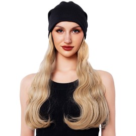 Long Curly Hair Synthetic Hat Wig, Knitted Hat with Hair Attached for Women White Blonde Cosplay Beanie Wavy Wig Cap (28in)(Blonde)