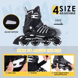 BOBICOM Adjustable Inline Skates with Full Light Up Wheels,Outdoor Illuminating Roller Skates for Kids and Adults, Girls and Boys, Men and Women, Black L