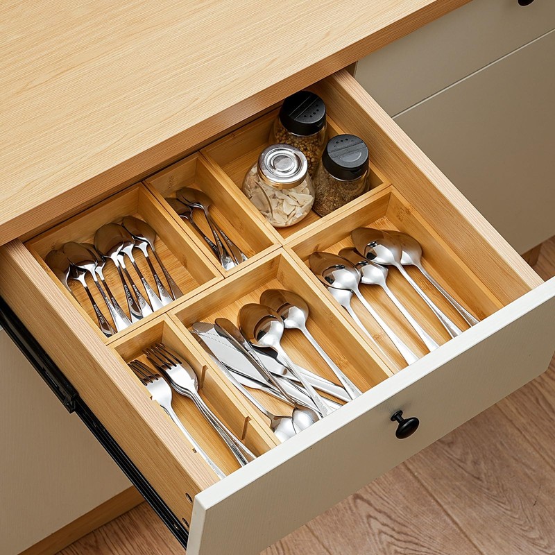 Fabsome Drawer Organizer, Set of 9 Bamboo Wood Kitchen Makeup