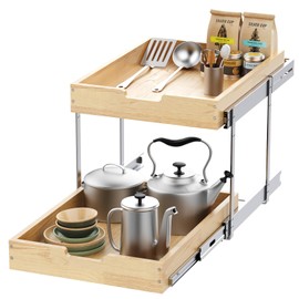 Sikarou Wood Pull Out Cabinet Organizer 2 Tie 11" W x 21" D for 12" Cabinet Opening, Heavy-Duty Sliding Drawers for Inside Cabinets Storage and Organization for Kitchen, Pantry, Bathroom