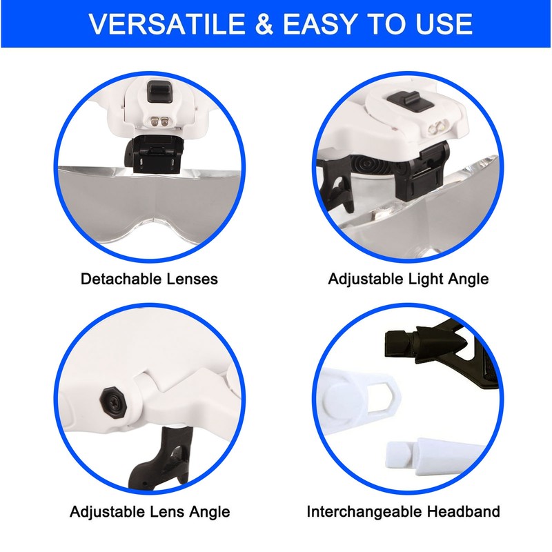 Head Mounted Magnifying Glass 2pcs LED Light Adjustable Rechargeable Headband