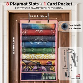Playmat Tube Storage Bag for MTG, Hangable Game Mat Holder with 8 Tube Slots + 1 Card Pocket, Transparent PET Display, TCG Playmat Organizer with Hooks & Strap, Fits 6cm Play Mat Cases (1 Pack-Pink)