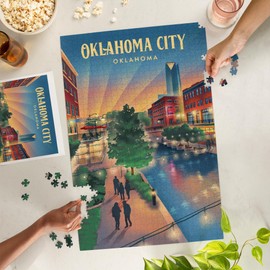 Oklahoma City, Oklahoma, Lithograph, River Walk (1000 Piece Puzzle, Challenging Jigsaw Puzzle for Adults, Made in USA)