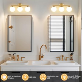 foucasal Globe Bathroom Light Fixtures 3-Light Brass Gold Vanity Light with Plastic Milk White Globe Shades 11.81 inch Wall Sconce Lighting Over Mirror, Vanity Lights for Bathroom Bedroom Hallway