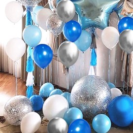 62pcs Blue Silver White Confetti Balloons Kit, 12 Inch White Royal Blue Balloons Metallic Silver Balloons Blue Sliver Confetti Balloons for Boy Birthday Baby Shower Graduation Party Supplies