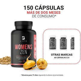 B Life Company Womens Zen de 150 Cápsulas. Ingredientes Naturales: Maca, Isoflavonas, Ñame Salvaje, Arándano, Raíz de Cohosh Negro, Calcio y Biotina. Womens Zen