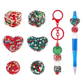 FASHEWELRY 6Pcs Christmas Polymer Clay Rhinestone Bead Sets Cube Round Heart Shaped Glitter Pony Beads Diamond Disco Beads for Pen Making Bracelet Necklace Crafts Supplies