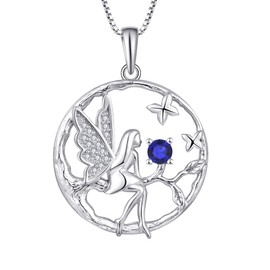 FJ Guardian Angel Necklace Pendant, 925 Sterling Silver, Angel Chain, Women's Fairy Butterfly Tree of Life Necklace with Birthstone, Cubic Zirconia Jewellery Gifts for Women and Girls, Sapphire