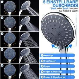 NHOWIN Shower Head with Hose 1.8 m, Anti-Clogging Shower Head, Water-Saving with 5 Shower Modes, Leak-Proof Hand Shower, Shower Head with Hose, Rain Shower, Shower Hose with Shower Head