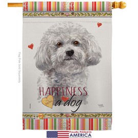 Breeze Decor Bichon Frise Happiness House Flag Set Animals Dog Puppy Spoiled Paw Canine Fur Pet Nature Farm Animal Creature Small Decorative Gift Yard Banner Made in USA 28 X 40