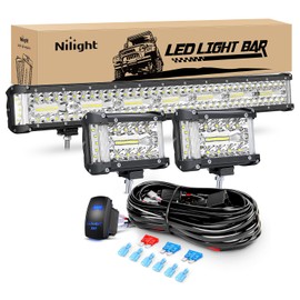 Nilight Side Shooter LED Light Bar Set 20 Inch Triple Row Spot Flood Combo Lights, 2PCS 4.3Inch LED Pod Lights with 5Pin Rocker Switch Wiring Harness Kit for Off-Road Fog Light