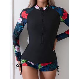Owntop 2-Piece Rash Guard Women's Long-Sleeved Swimsuits UV UPF 50+ Swimming Shirt, Zip Rash Vest, Floral Swimwear with High Waist Boyshort Bottom for Swimming Surfing, red