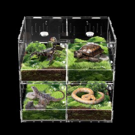 Acrylic Reptile Terrarium, 4 Grids Transparent Reptile Feeding Box with Thermometer, Lizard Cage Climbing Pet Box for Reptile/Insect/Invertebrates