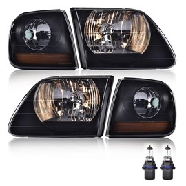 PIT66 Headlight Assembly Fit for Ford F150 1998-2003/97-02 Expedition/04 F150 Heritage/97-99 F250 Light Duty Smoky Lens Black Housing Amber Reflector Headlamp