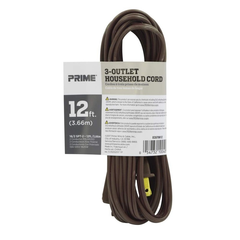 Prime EC670612 12-Foot 16/2 SPT-2 3-Outlet Indoor Cord, Brown