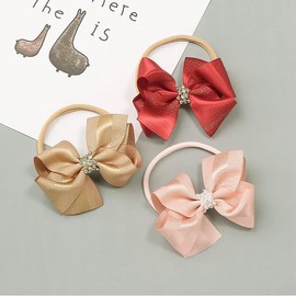 Yheahin Baby Girls Ribbon Bow Elastic Nylon Headband with Crystal Crown Toddler Bow-knot Stretchy Hair Band Birthday Party Hair Bow Accessories for Newborn Infant (Red, Elastic)