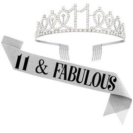 UVATAHONA 11th Birthday Sash and Tiara for Girl, 11 & Fabulous Sash and Tiara Birthday Crown, Happy 11th Birthday Gifts for Girls Kids Party Favors Supplies and Decorations, Silver