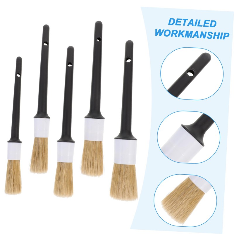 BIUDECO 5Pcs Round Head Small Brush for Automotive Cleaning Handle