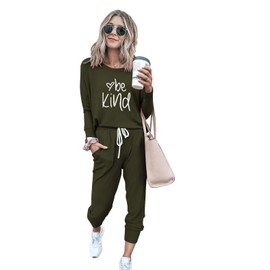 PRETTYGARDEN Women's Fall 2 Piece Lounge Outfit Long Sleeve Crewneck Pullover Tops High Waisted Pants Set Tracksuit (Patterned-army Green,Large)
