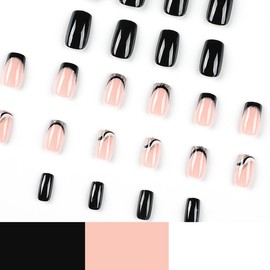 24Pcs Glitter Black French Tip Press on Nails Short Square Fake Nails Gold Shining Swirl Designs Full Cover Glue on Nails Cute Acrylic False Nails Artificial Stick on Nails for Women Nail Decorations