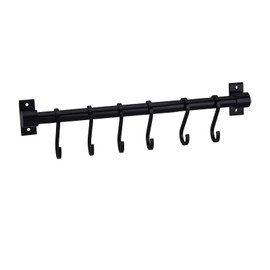 WONMILLE Gourmet Kitchen Utensil Rack with 6 Hooks, Wall Mounted Rail Wrought Iron Hanging Utensil Holder Rack with Removable S Hooks 16 Inch (Black-6 Hooks)