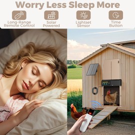 Automatic Chicken Coop Door Solar Powered with Remote Control, Timer and Light Sensor, 4 Modes, Adjustable Anti-Pinch Strength, Color LCD Display, Aluminum Alloy Auto Chicken Coop Door Solar