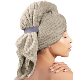 Microfiber Hair Towel Wrap for Women - Ultra Soft and Absorbent Hair Towel with Elastic Band for Curly, Thick or Long Hair (Beige, One Size)