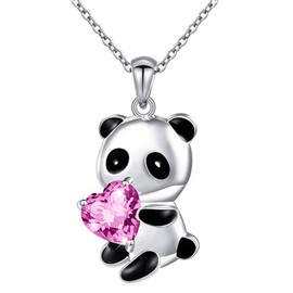 Yienate Panda Crystal Necklace Choker Silver Panda White Heart Crystal Bear Pendant Necklace Chain Panda Love Necklace Charm Cute Animal Crystal Jewellery Gift for Women Girls, Silver