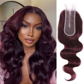 ALHER Dark Burgundy 2X6 HD Lace Closure Human Hair Body Wave, 12A Purplish Burgundy #99J Long Deep Parting 2 by 6 HD Transparent Lace Closure Kim K Closure Wavy With Baby Hair (2X6 Closure, 16 Inch)