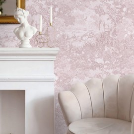 Ismoon Pink Peel and Stick Wallpaper Neutral Wall Paper 17.3in×6.56ft Vintage Removable Self-Adhesive Wallpaper Animals Jungle Contact Paper for Cabinets Bathroom Walls Covering Vinyl Roll