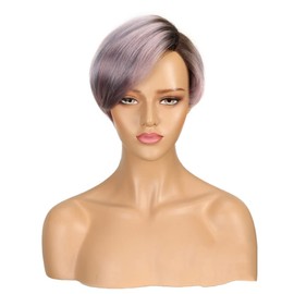 Black Textures Pixie Cut Wig, Dark Root Light Purple, L Part Lace Front Human Hair, Short Style