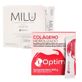 Soy Optimo | MILU | Kit de Colágenos Hidrolizados Optimo en Polvo 300gr + Colágeno Hidroalizado Marino Forte Milu 330gr de 30 Sobres | Suplemento Alimenticio Sin Sabor - Sin Olor - Sin Azucar | A base de Péptidos Porcino y Marinos