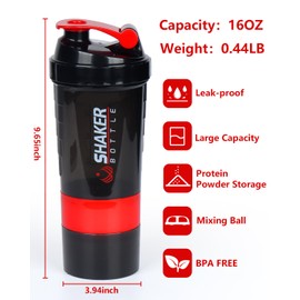 VIGIND Protein Shaker Bottle,16 oz Shake Cup for protein powder with Storage,Sports Water Bottle,Non Slip 3 Layer Twist Off 3oz Cups with Pill Tray Leak Proof Shake Bottles for Protein Mixes