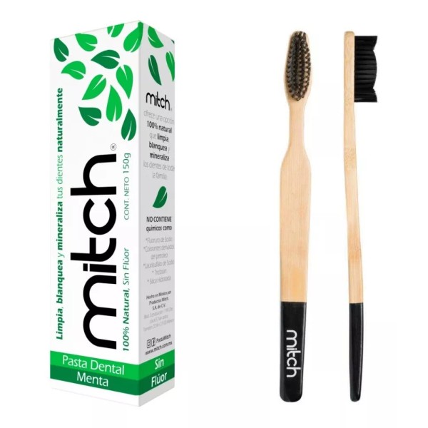 Mitch Pack 2 Pasta Dental Mental Sin Fluor + 2 Cepillo Bambú Mitch