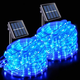 JMEXSUSS 2 Pack 100 LED Solar Rope Lights, IP65 Solar Rope Lights Outdoor Waterproof LED, 33ft 8 Modes PVC Tube Rope Light for Trampoline Xmas Fence Yard Walkway Path Garden(Blue)
