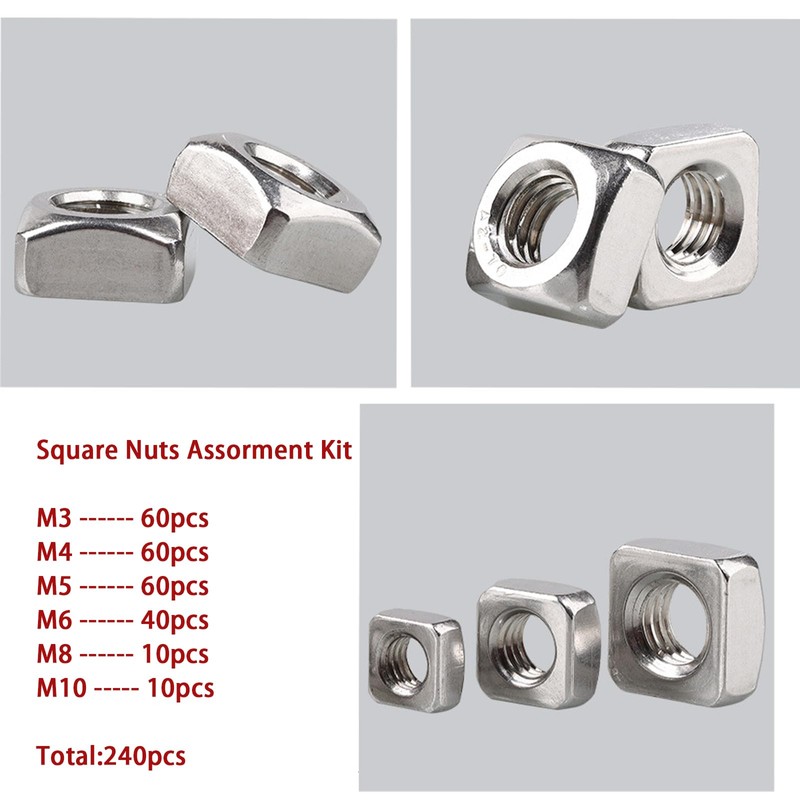 Ymaiss 240pcs Metric 304 Stainless Steel Square Nuts Assortment Kit,