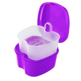 Denture Bath Case Portable Orthodontic Dental Retainer Box False Teeth Storage Container for Denture, Invisalign, Braces, Mouth Guard Travel Cleaning Retainer (Purple)