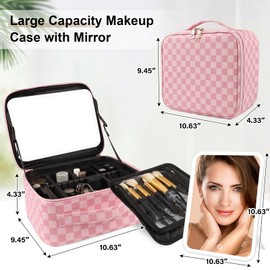 Makeup Bag with Lighted Mirror, Travel Make up Train Case with Adjustable Brightness Vanity Mirror and Detachable 10x Magnifying Mirror, PU Lether Cosmetics Organizer for Women (Pink Plaid)