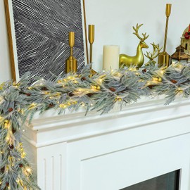 Chuangdi 15 FT Christmas Pine and Pampas Flocked Garland Battery Powered Lighted Christmas Artificial Garland with Pine Cones and Golden Balls for Xmas Home Decor Indoor Outdoor, Not Included Battery