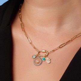 Milla 14K Gold Charm Necklace for Women, 18 inches Paperclip Chain and 2 inches Extension, with Pendants on Carabiner. Safe and Hypoallergenic (Evil Eye - Hamsa - Turquoise)
