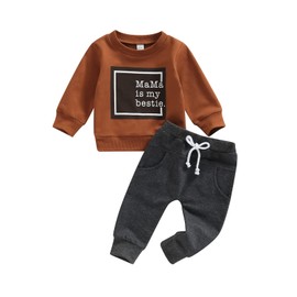 Toddler Baby Boy Fall Outfit Crewneck Long Sleeve Sweatshirt Tops Elastic Pants Jogger Cute Newborn Winter Clolthes Set (Mama Brown, 18-24 Months)