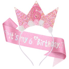 SUBTAVIK 6th Birthday Decorations, Girl Headband Flower Princess Crown Hairband Glitter Pink Birthday Girl Sash for Girls Party Decorations Gift