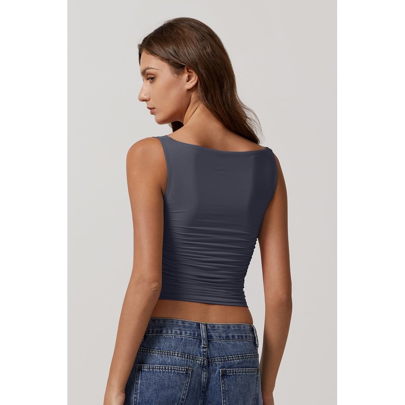 QINSEN Womens Sleeveless Tank Top Off Shoulder Ruched Detail Double