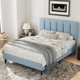 VECELO Full Bed Frame with Upholstered Headboard, Heavy-Duty Platform Bedframe with Strong Wooden Slats Support, No Boxing Spring Needed, Light Blue