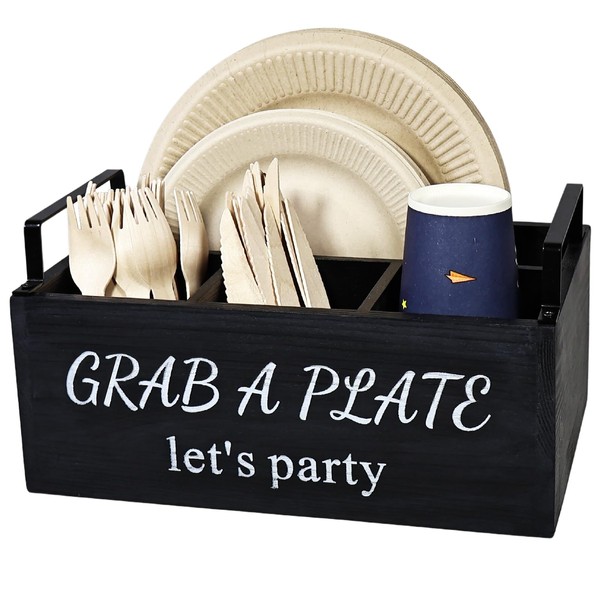 Paper Plate Holder, Utensil Caddy Organizer, Wood Paper Plate Dispenser,